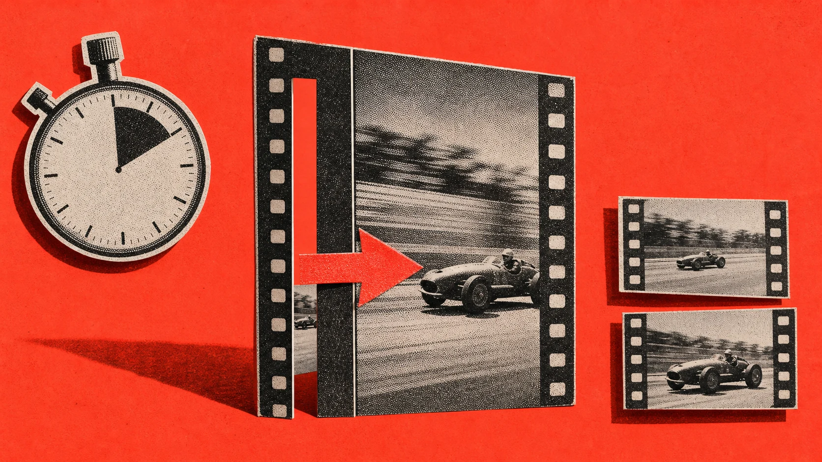 A paper timing gate with an opening slice, a follow-through panel, a stopwatch, and jump-cut frames.