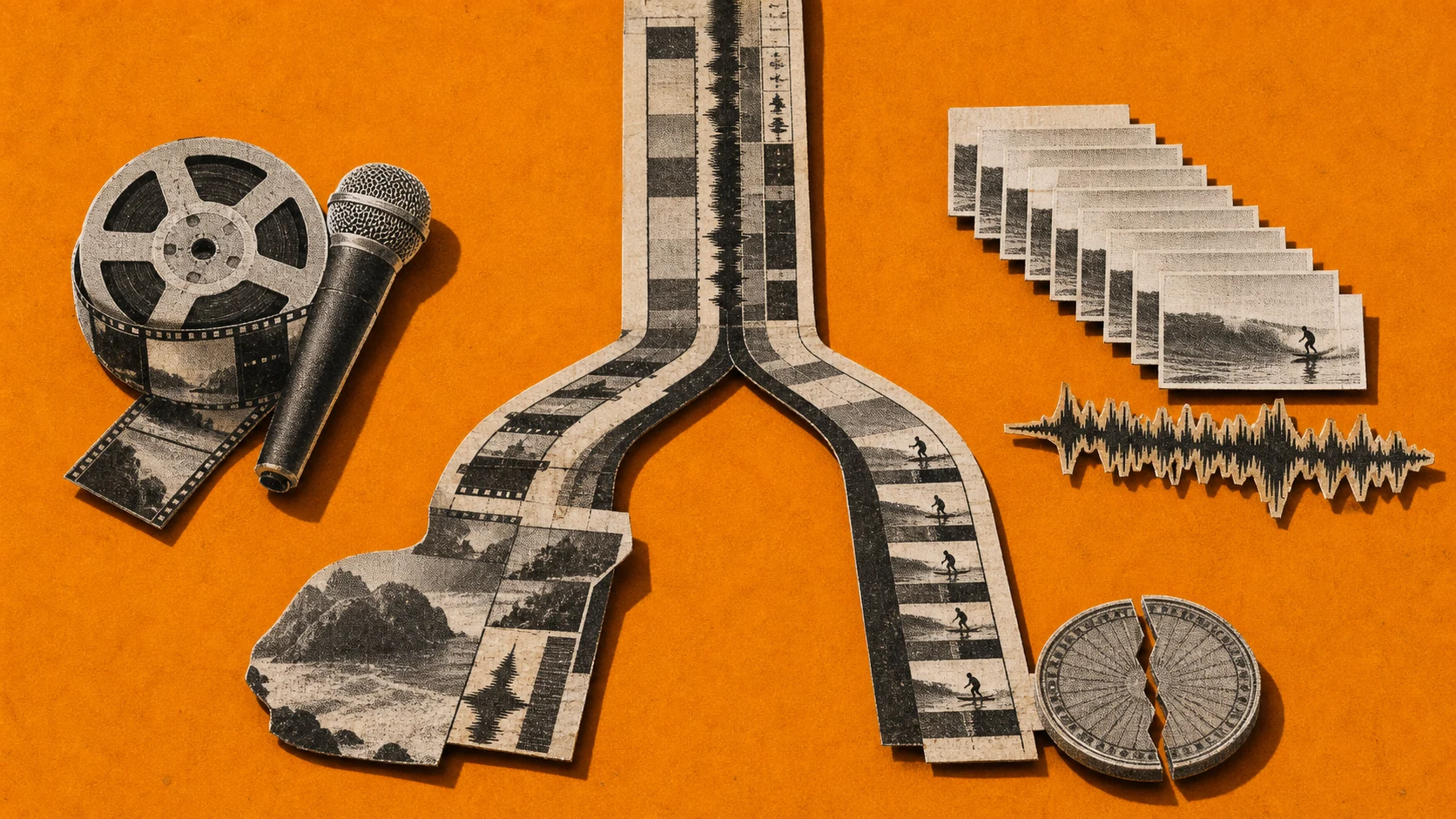 An illustrated fork in an editing track between a camera reel and repeated stock cards.
